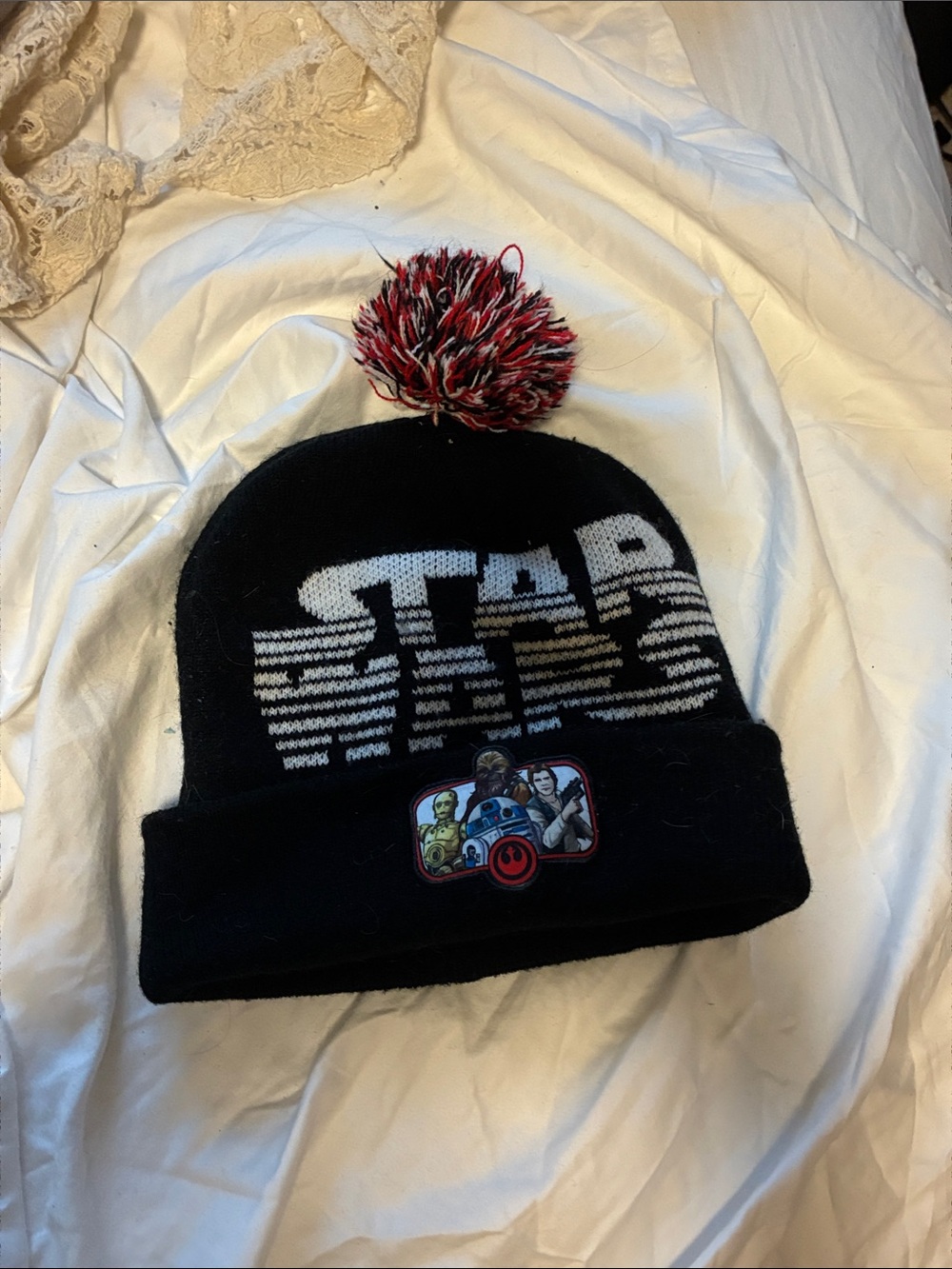 Star Wars Black Beanie with Red & White Pom and Character Patch